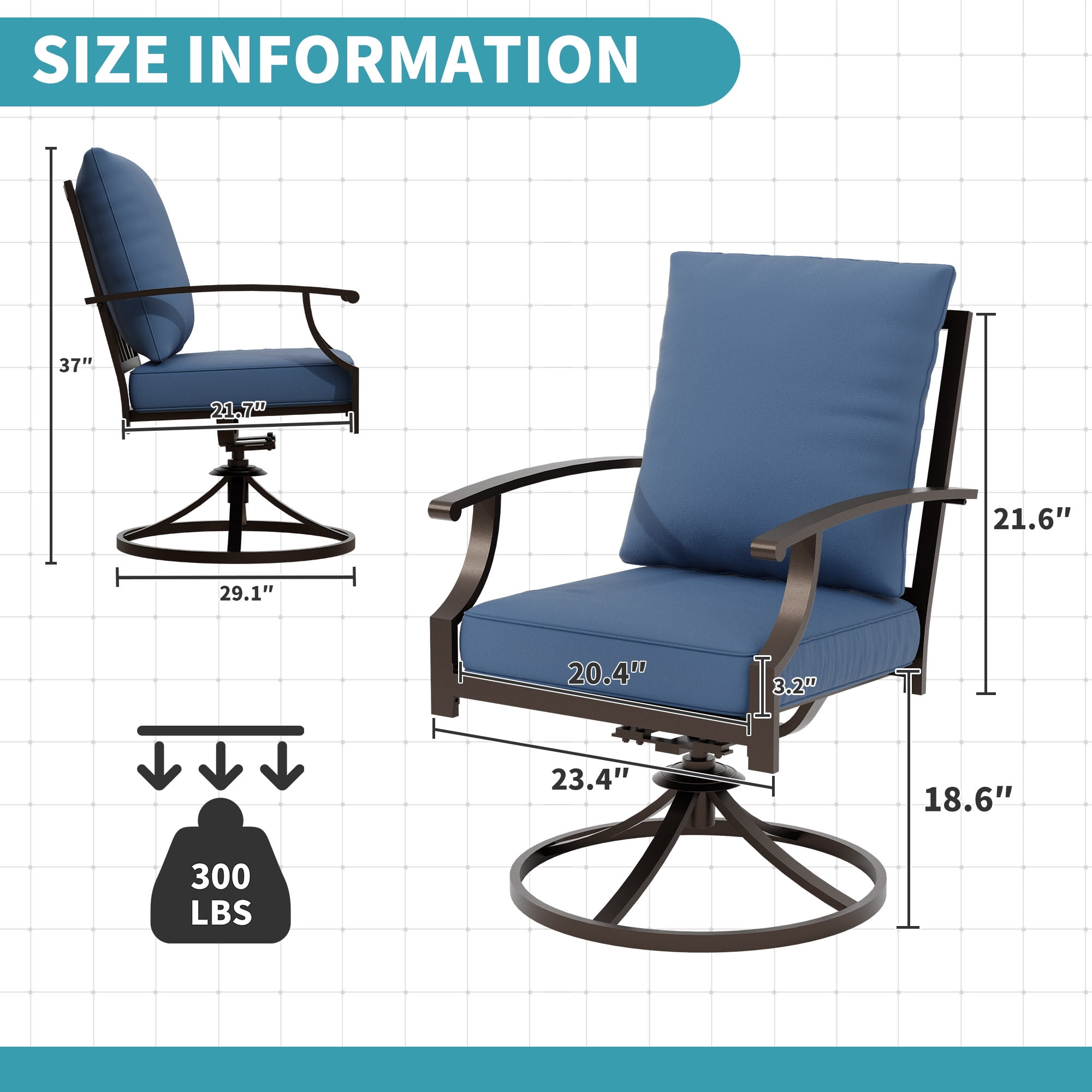 ALAULM Outdoor Dining Chairs Set of 2, Metal Frame Swivel Rocking Patio Chairs with 3.2" Cushion & Removable Covers for Patio, Backyard, Garden,Kitchen-Navy Blue