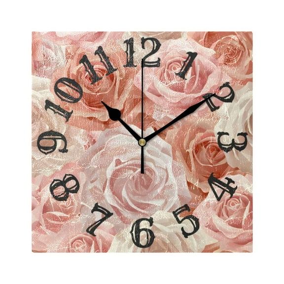Roses Pink Wall Clock Square Silent Non Ticking Battery Operated Clock for Home Bathroom Kitchen Bedroom Living Room