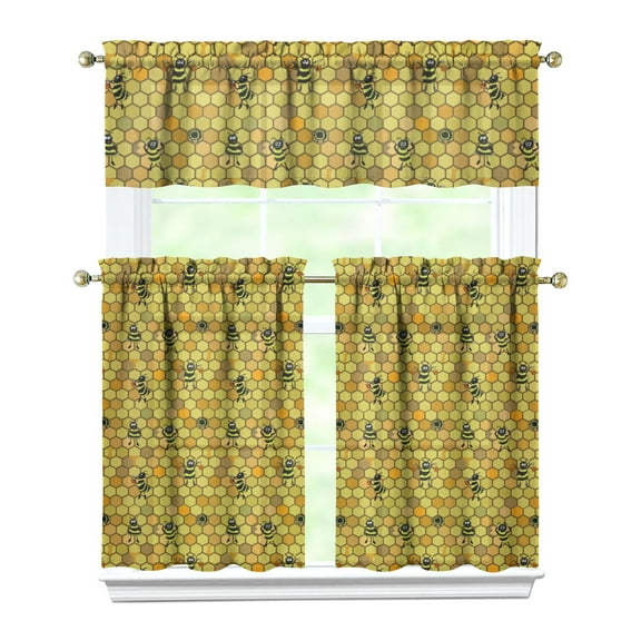 Bee Themed Kitchen Curtains 3 PC Set - Honey Yellow Print, Tier & Valance Window Treatment, Rod Pocket Farmhouse Curtains, Gift for Bee Lovers, Cute Cartoon Design