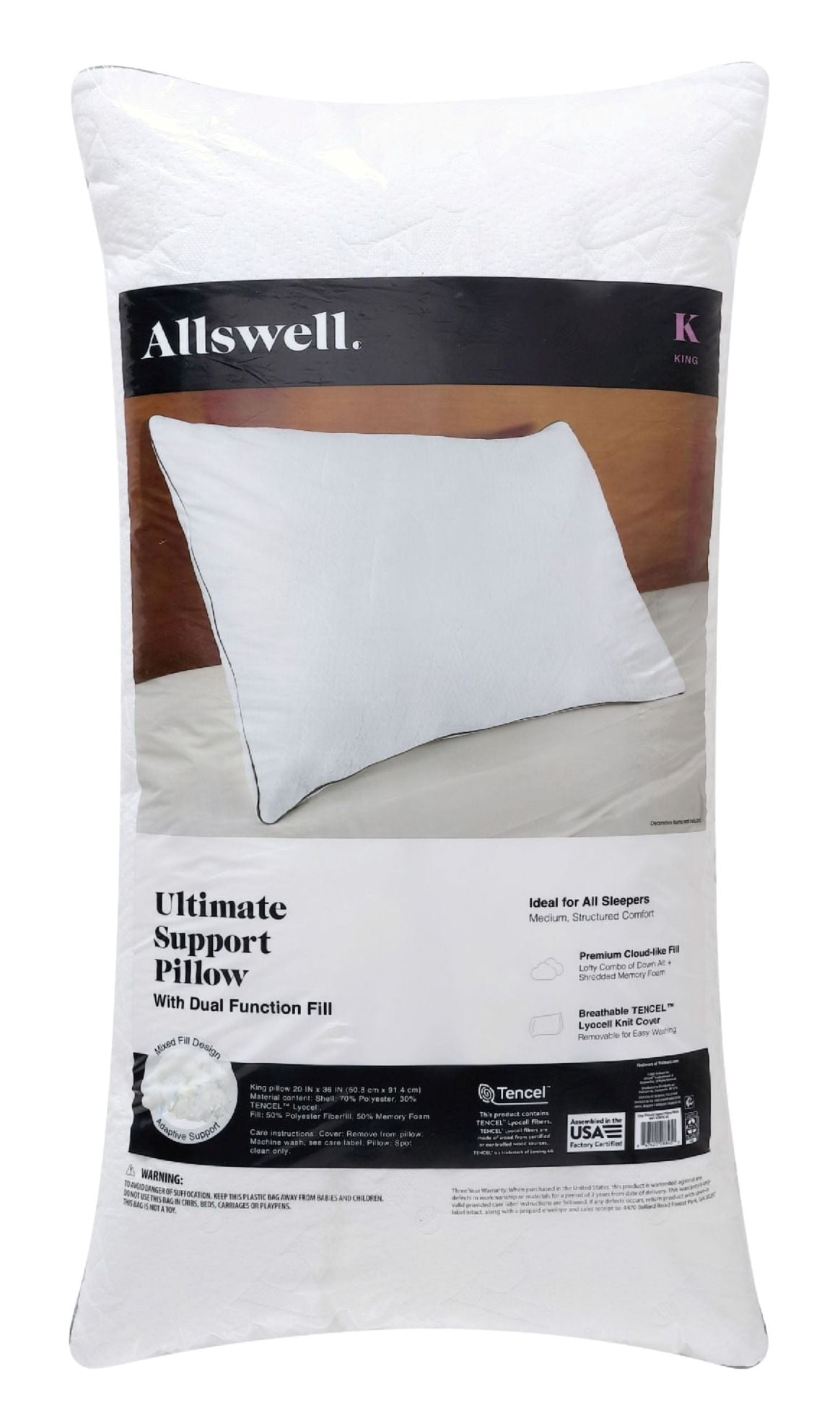 (6 pack) Allswell Ultimate Support Bed Pillow with Dual Function Fill and Removable Cover, King