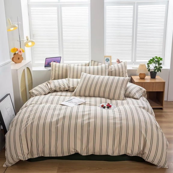 Beige With Green Striped Full/Queen Washed Cotton 3 Piece Bedding Set
