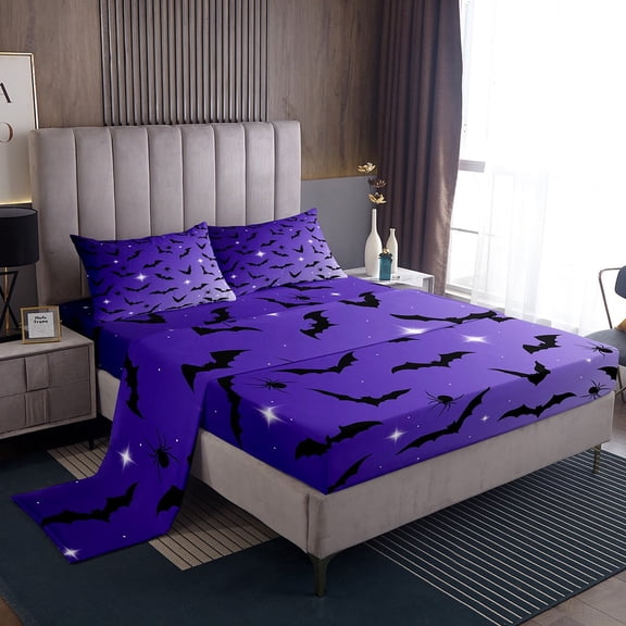 Manfei Gothic Spooky Bat Twin Sheet Sets for Kids, Dreamy Glitter Stars Twin Fitted Sheet, Happy Halloween Theme Twin Fitted Sheet, Super Cozy Room Decor, 3 Pieces