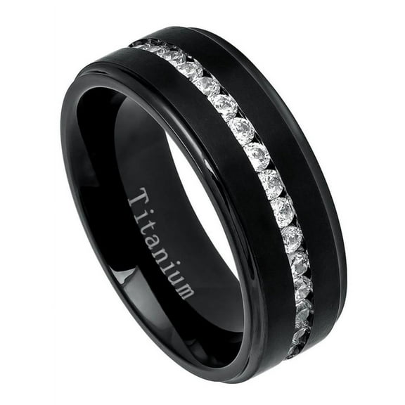 Men Women 8MM Comfort Fit Titanium Wedding Band Black Brushed Center Shiny Edge CZ Eternity Ring (Size 7 to 15)