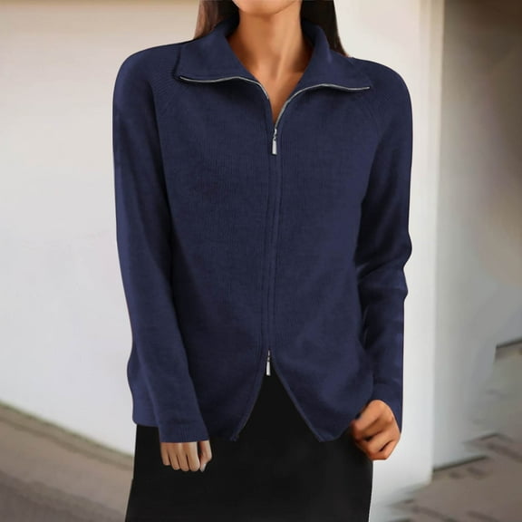 Guieoi Womens Sweaters 2025 Womens Sweaters Clearance Solid Color Collar Knitted Sweater Cardigan with Double Zipper Sweater Jacket Blue Black*Friday/Cyber*Monday Clearance