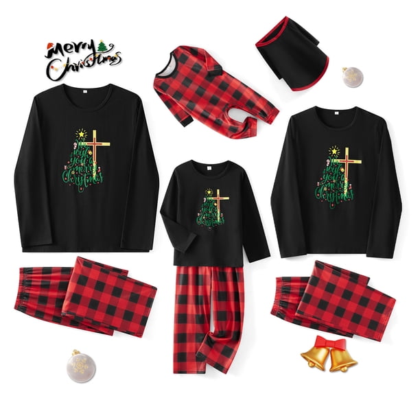 Pijamas navideños familiares a juego: camisa de manga larga con estampado de árbol de Navidad y pantalón a cuadros elástico para estar en casa.