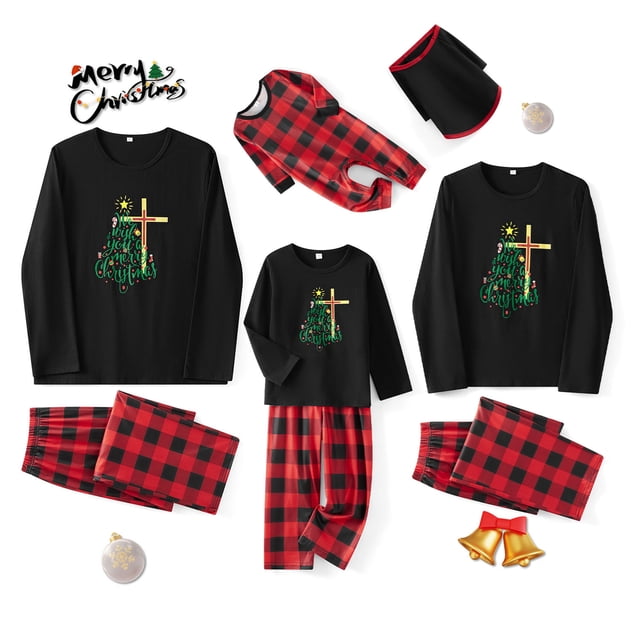 Pijamas navideños familiares a juego: camisa de manga larga con estampado de árbol de Navidad y pantalón a cuadros elástico para estar en casa.