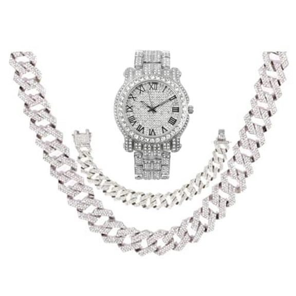 Silver Bling'ed Out Mens Watches on Blast w/Zig Zag Bling'ed Out Necklace & Bracelet Sets - New Cuban Z Links w/3 Row Diamonds on Each Side - ST102SSeries (L0504RN Slv Blk R# w/ Necklace-Bracelet)
