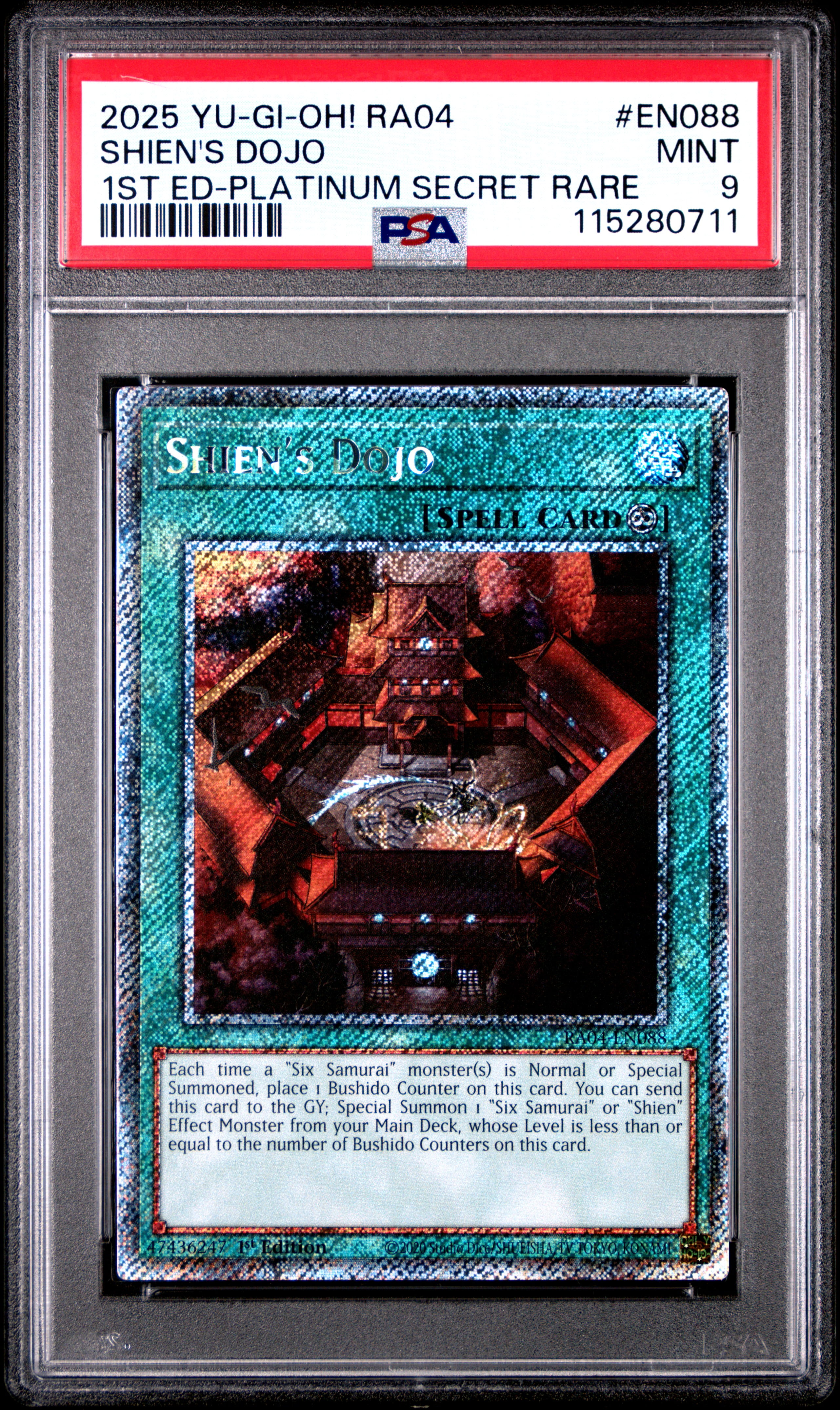 Yu Gi Oh! TCG, PSA Graded 9 MINT, Shien's Dojo 1St Ed Platinum Secret Rare #EN088, Ra04 Quarter Century Stampede, Fully Encapsulated Bundle with Compatible Yu Gi Oh! Hard Sealed Case