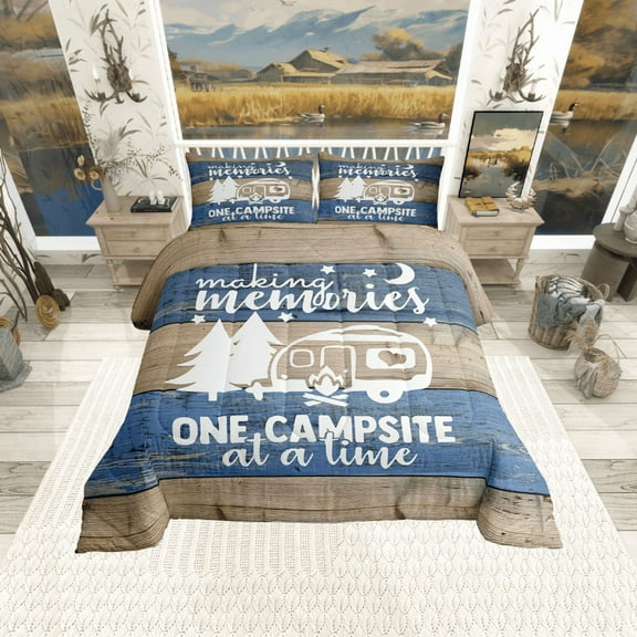 Camping Comforter Set Full,Camper Themed Bedding Camper Decor,RV Travel Car Camping Down Comforter,Wood Vintage Ombre Art Duvet Insert Camping Accessories for Inside Khaki Blue