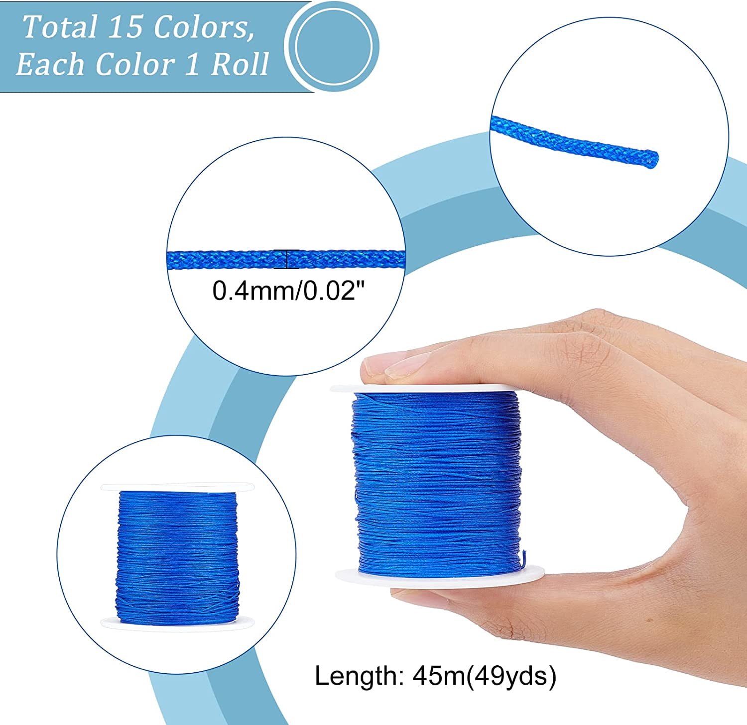 PH 738 Yard Nylon Cord 0.4mm Bracelet String Beading Thread Chinese Knotting Cord Nylon String Macrame Thread for Necklace Bracelet Beading Tassel Kumihimo Macrame Sewing 15 Colors Colorful