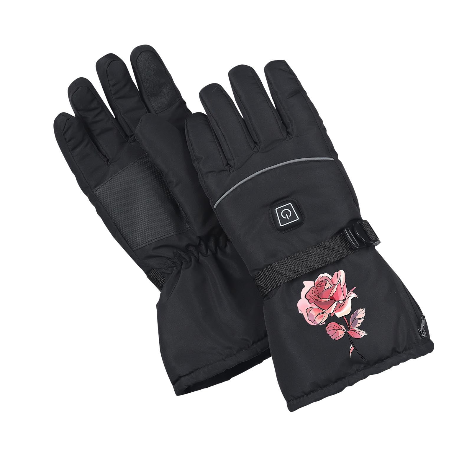 Xfvqtps Mens and Womens USB Heated Gloves 3Rd Gear Temperature Regulation Full Finger Adjustable Buckle Cute Print Waterproof Warm for Cold Weather Winter Skiing Mittens Black