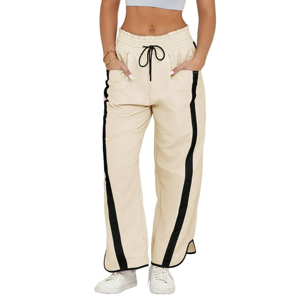 Pantalones Deportivos Holgados de Pierna para Mujer, Informales, con Cordón Ajustable y Cintura Elástica, en Colores Contrastantes, Estilo Y2K. Crema XXL