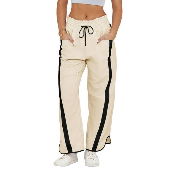 Women'S Baggy Wide Leg Pants Casual Drawstring Elastic Waisted Contrast Color Workout Y2K Track Pants Cream White XL