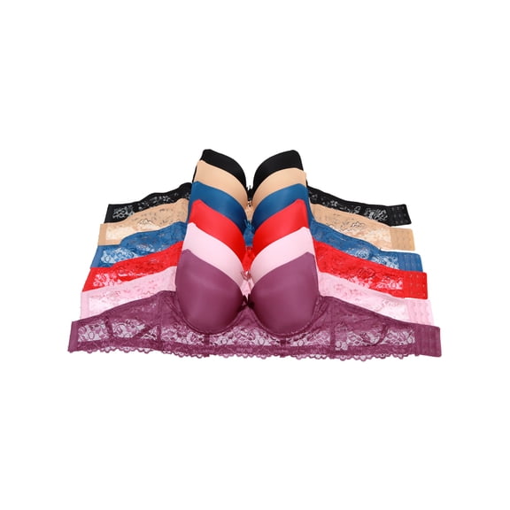 Angelina Women's Wired T-Shirt Bras with Floral Lace Wings (6-Pack)