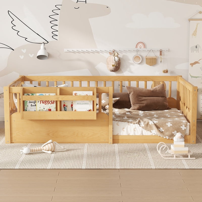 Twin Size Floor Bed with Heightened Fence, Kids Platform Bed Frame with No Slat, Montessori Storage Bed with Bookshelf