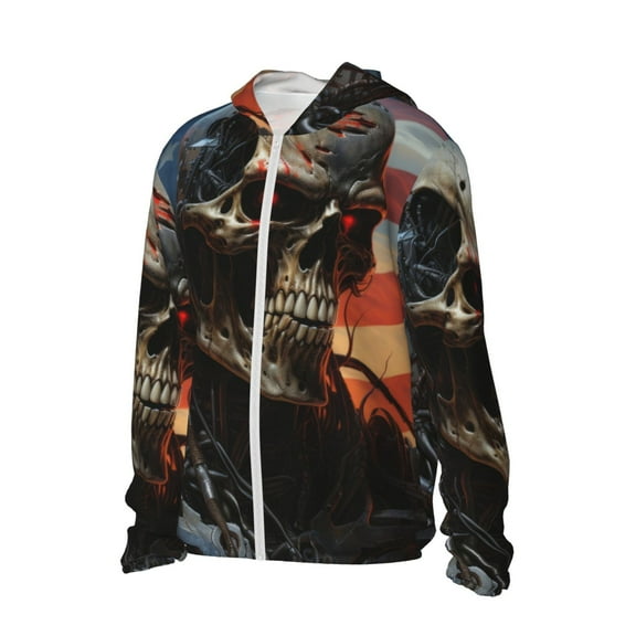Picia Cyberpunk Skull American Flag Women's Men's UPF 50 Sun Protection Hoodie Shirt Long Sleeve SPF Fishing Outdoor UV Hiking Lightweight Shirts-Small