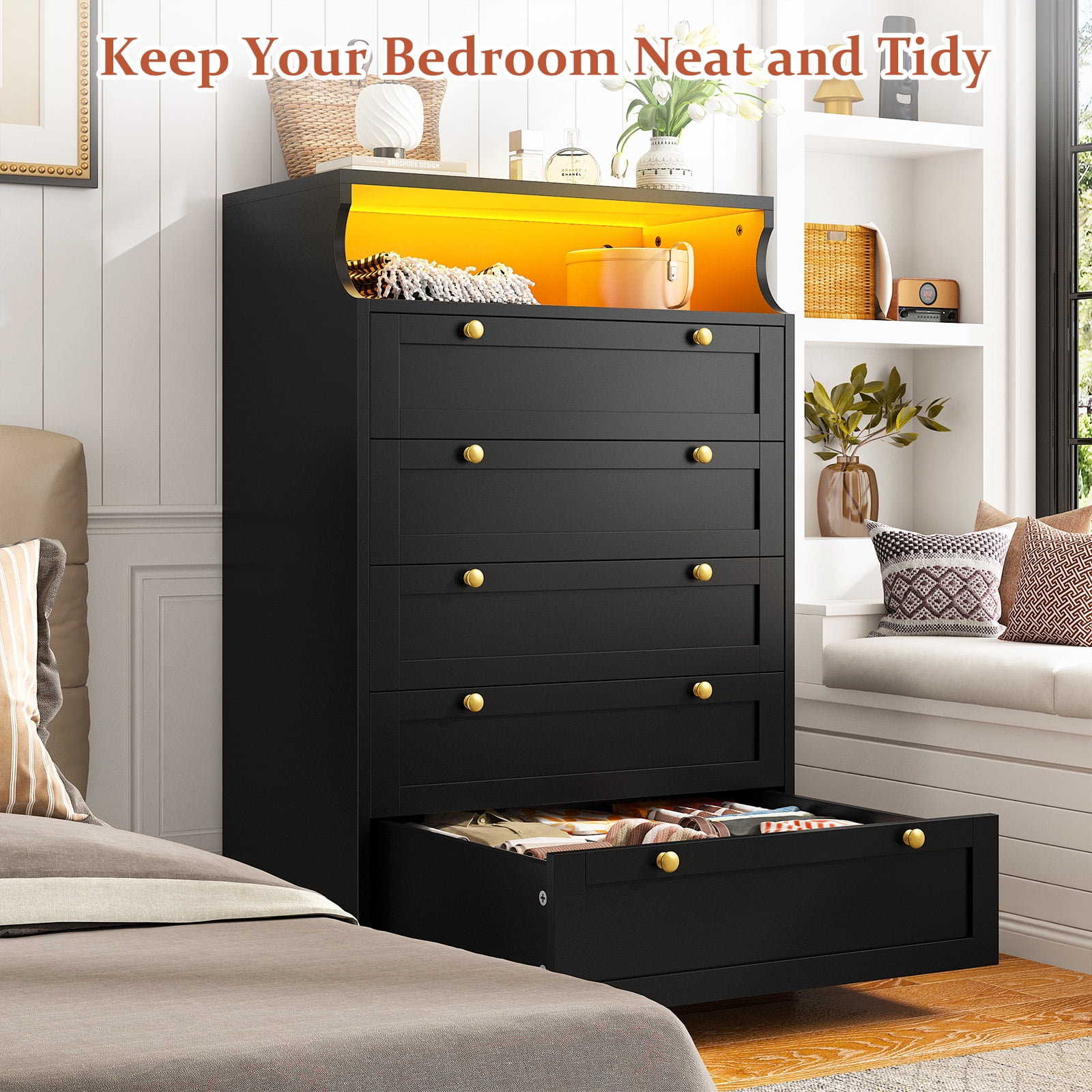 "EnHomee Black Dresser, Solid Wood, 5 Deep Drawers, 31.7""L x 48.6""H, LED Light & Open Shelf, Modern Storage Furniture"  (图4)