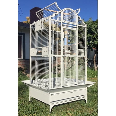 XLarge 28" x 22" x 63"H Elegant Stylish Wrought Iron Open/Close Play Top Perch Stand Bird Parrot Rolling Cage Include Stainless Steel Feeder Cup Metal Seed Guard Solid Metal Feeder Breeding Nest Door