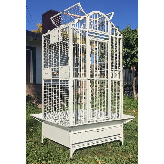XLarge 28" x 22" x 63"H Elegant Stylish Wrought Iron Open/Close Play Top Perch Stand Bird Parrot Rolling Cage Include Stainless Steel Feeder Cup Metal Seed Guard Solid Metal Feeder Breeding Nest Door