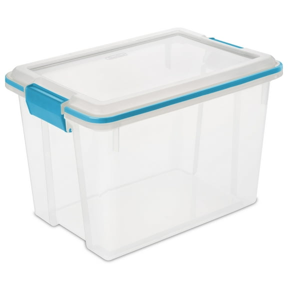 Sterilite Small Storage Bin, 20 Quart Clear Weather-Resistant Plastic Storage Container with Gasket and Latch Lid, Blue