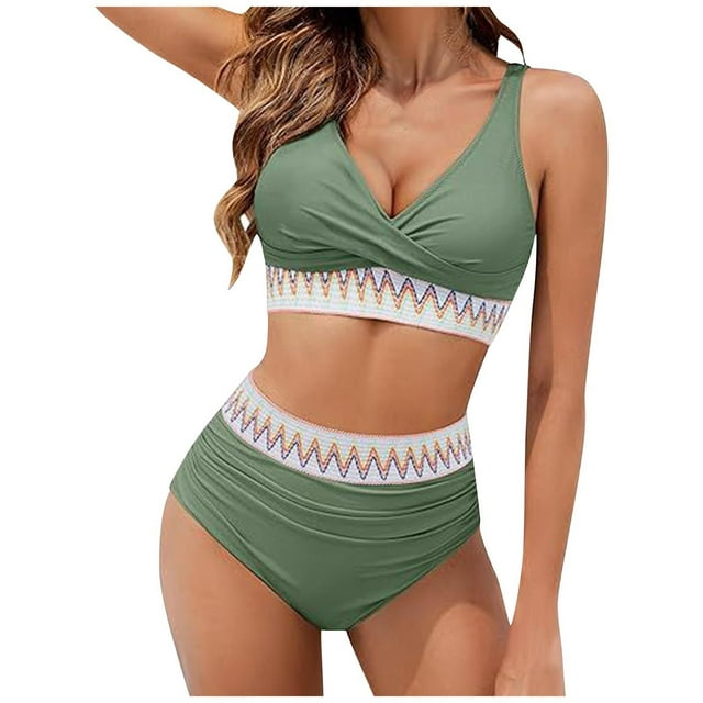 Lovzfmll Bikini Sets for Women, Solid Color Bandeau Two Piece, Conservative Triangle Top and High Waist Bottom