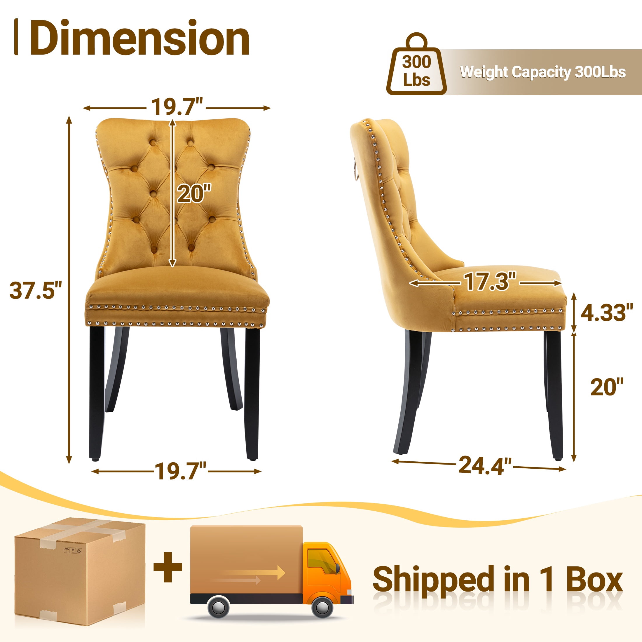 Paproos Dining Chairs Set of 2, Upholstered High-End Tufted Dining Room Chair with Back Ring and Nailhead Trim, Modern Velvet Kitchen Chairs with Solid Wood Legs for Kitchen, Home,Gold