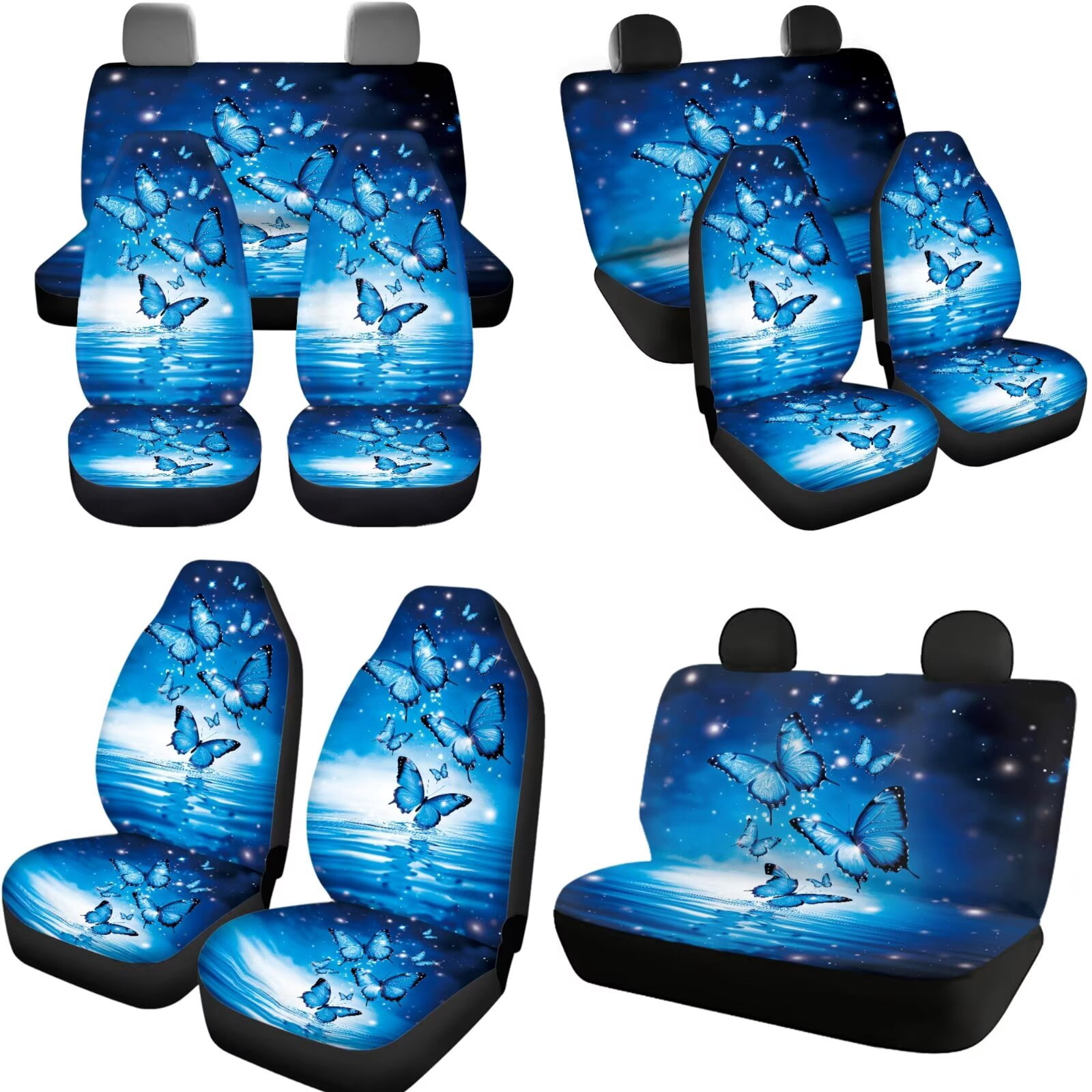 Jeiento Blue Butterfly Car Seat Covers Set 11 Pack, with Auto Seat Covers Keychain Headrest Cover Cup Coasters Handbrake Cover Gear Shift Knob Cover Auto Accessories Decor