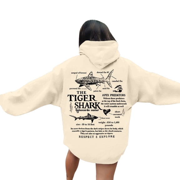 XIAONU Ocean Inspired Hoodies For Women Oversized Tiger Shark Pullover Comfy Casual Adventure Sweatshirt