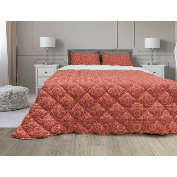 Mandala Comforter & Sham Bedding Set, Oriental Frames Squares with Inspired Elements Symmetric Tile Illustration, 3 pcs Duvet Set Microfiber Filling Quilt, 5 Sizes, Multicolor, by Ambesonne