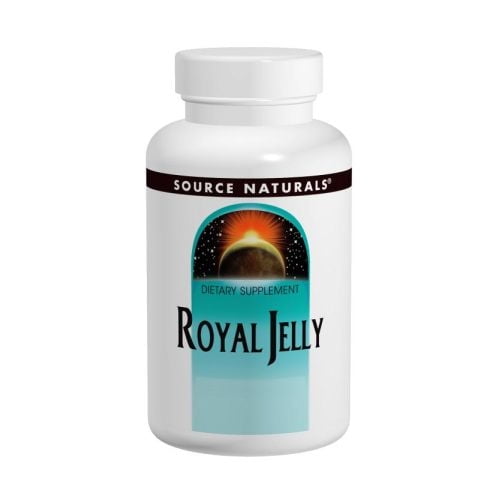jalea real supplement source naturals, 60 cápsulas (paquete de 4) Botella frontal blanca de suplemento dietético con etiqueta azul que muestra "Royal Jelly", banda superior marrón con la marca Source Naturals y un gráfico de sol naciente; tapa de rosca cerrada. Su tamaño compacto la hace adecuada para llevar en botiquines de viaje.