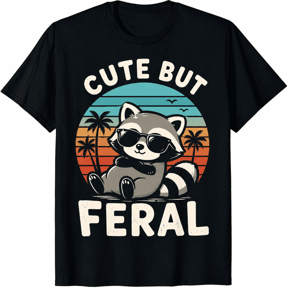 Cute But Feral Raccoon Graphic T-Shirt for Men and Women, Retro Vintage Sunglasses Animal Funny Unisex Tee