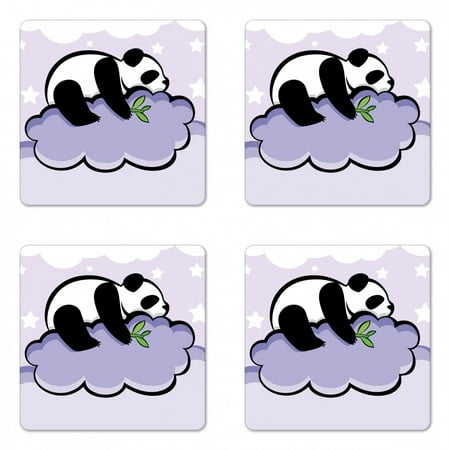 

Panda Coaster Set of 4 Panda Bear Sleeping on Cloud in Starry Night Sky Children Cartoon Illustration Print Square Hardboard Gloss Coasters Standard Size Lilac Black by Ambesonne