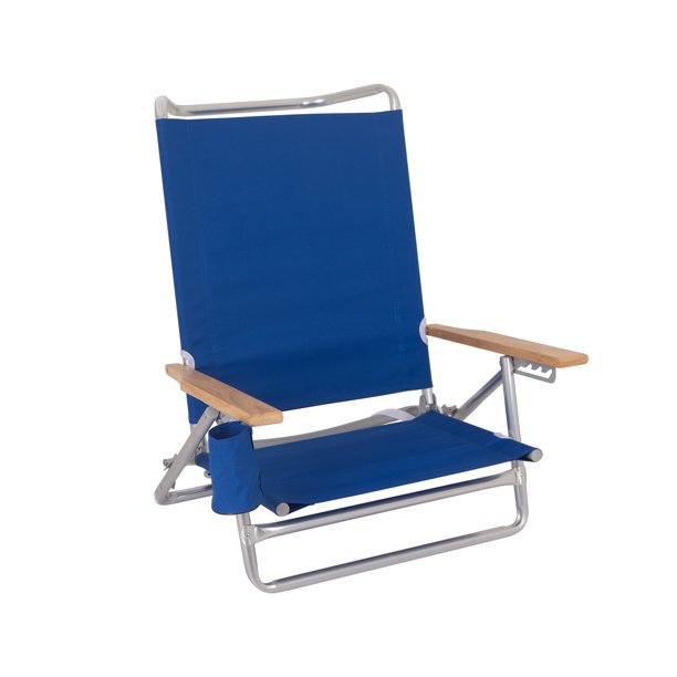 Mainstays Wood Arm Reclining LayFlat Beach Chair, Blue