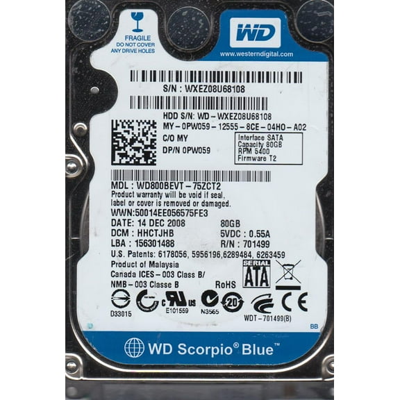 WD800BEVT-75ZCT2, DCM HHCTJHB, Western Digital 80GB SATA 2.5 Hard Drive
