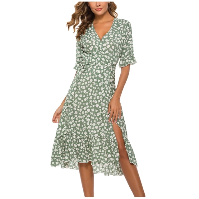 Pisexur Robe d'Été pour Femmes 2023 Décontractée Imprimé Floral Col en V Manches Courtes Boho Plage Taille Haute Fluide Longue Maxi Robes Vert