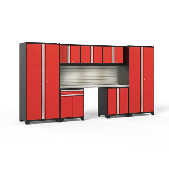 NewAge Products Pro Series Red 8 Piece Cabinet Set, Heavy Duty 18-Gauge Steel Garage Storage System, Slatwall / LED Lights Included