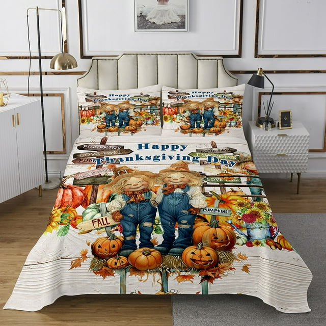 Erosebridal Ensembles de Courtepointe Western avec Épouvantail de Dessin Animé pour Lit Format Simple, Ensemble de Literie Citrouille de Récolte d'Automne, Ensemble de Couvre-Lit Jour de l'Action de Grâce Simple pour Garçons Enfants, Déco de Chambre Légère, 2 Pcs