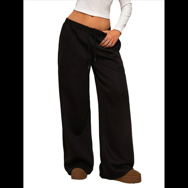 Pantalones Deportivos de Pierna para Mujer, Holgados, con Cordón, de Cintura Alta y Bolsillos Negro XL