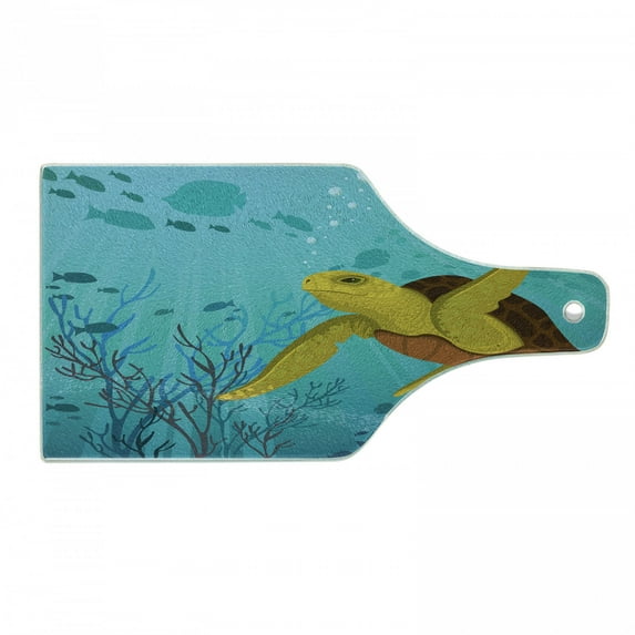 Turtle Cutting Board, Cartoon Animal Under the Sea Silhouettes of Fish Sun Rays Coral, Decorative Tempered Glass Cutting and Serving Board, Wine Bottle Shape, Turquoise Mustard Brown, by Ambesonne
