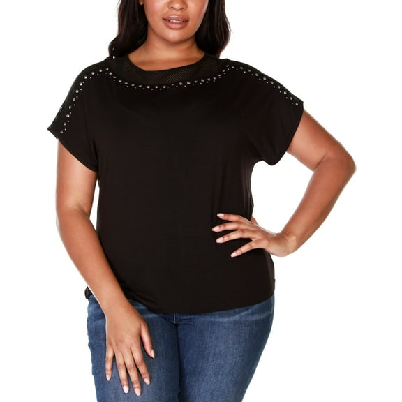 Plus Size Embellished Mesh Inset Top Black 2X
