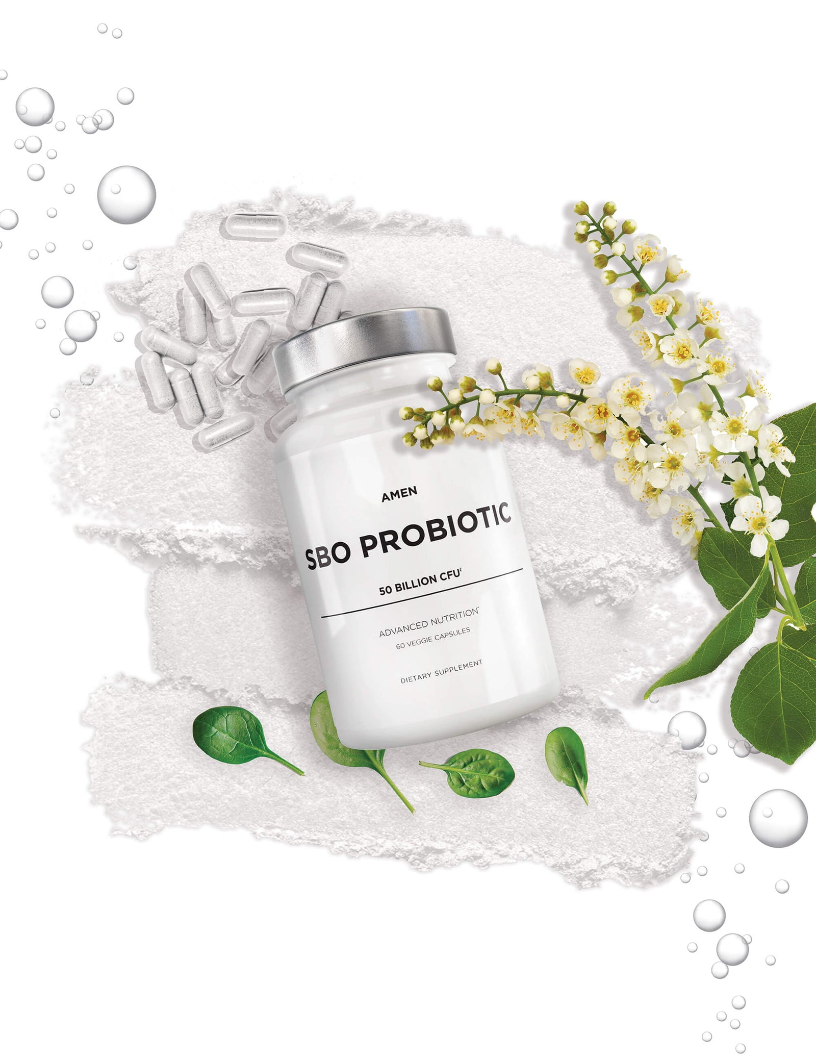 Amen SBO Probiotic, 50 Billion CFUs, Organic Prebiotics, Shelf Stable, Vegan & Non-GMO, 60 ct