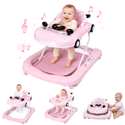 suihuooo 4-in-1 Baby Walker for Boys & Girls,Bouncer, Push, Foldable, 3 Height Adjustable, Music & Lights for Infants 6-18 Months,Pink