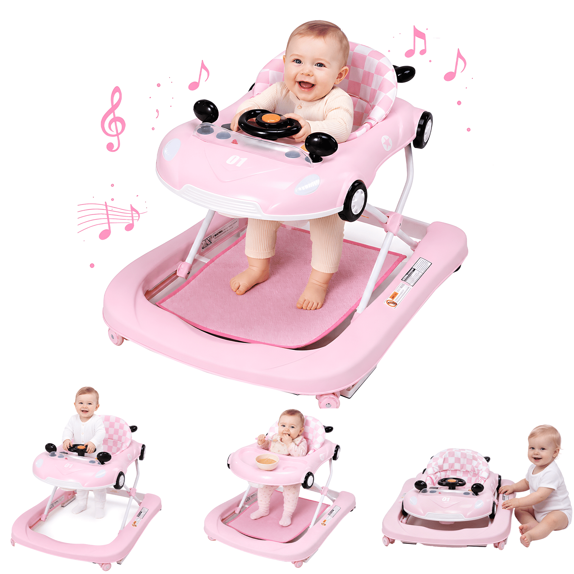 suihuooo 4-in-1 Baby Walker for Boys & Girls,Bouncer, Push, Foldable, 3 Height Adjustable, Music & Lights for Infants 6-18 Months,Pink