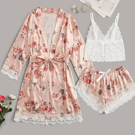 

tobchonp Women Pajamas Sets Satin Sleepwear Silk 3PC Nightwear Pyjama Spaghetti Strap Lace Sleep Lounge Pijama