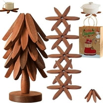 Natural Wooden Trivets for Hot Dishes - Tree Shape Trivet Set - 5 Wooden Trivets 1 Stand - Stackable Christmas Tree Design