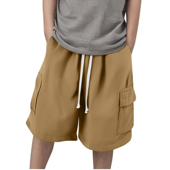 LLYwey Boys Cargo Shorts, Toddler Drawstring Elastic Waist Wide Leg Shorts, Kids Fashion Casual Summer Solid Color Beach Vacation Short Pants with Pockets, New-Md73, Brown, 14T