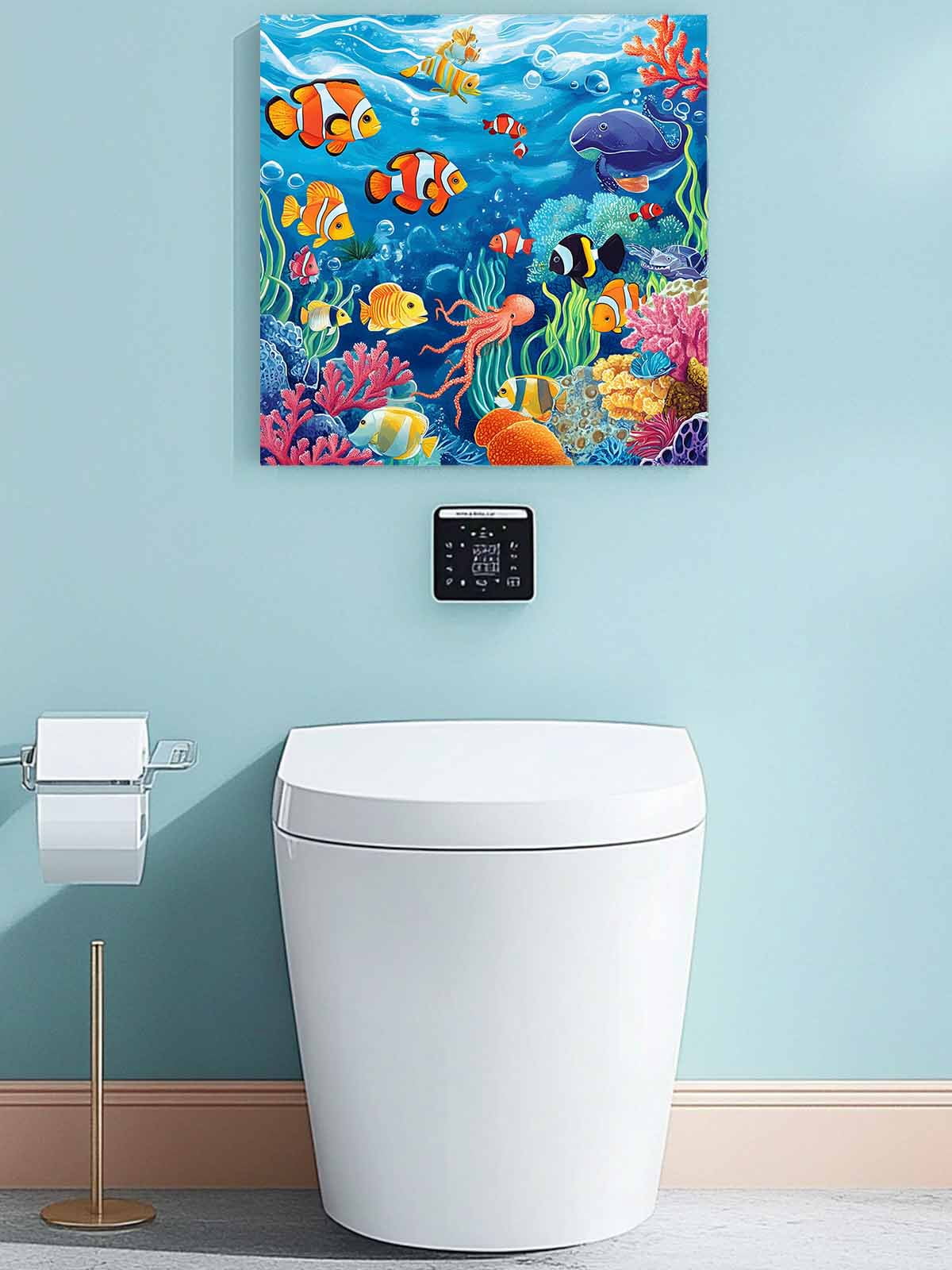 Ocean Underwater Canvas Wall Art, Marine Life Fish Octopus Coral Seagrass Framed Wall Decor Modern Artwork Prints Painting for Living Room, Bedroom, Kitchen & Cafe Decor 16x16 Inch