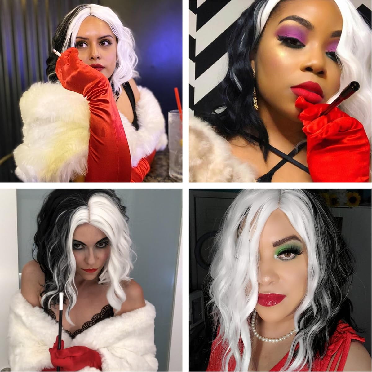 Dopi Black and White Wig for Women Girls Wig for Cruell/a Half White and Half Black Wig Short Curly Wavy Bob Wig Synthetic Hair Wigs Two Tone Wig Split Wig