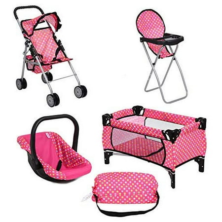 fash n kolor 4 Piece Doll Play Set, Includes - 1 Pack N Play. 2 Doll Stroller 3.Doll High Chair. 4.Infant Seat, Fits Up to 18'' Doll (4 Piece Set) Pink
