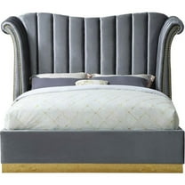 Pemberly Row Contemporary Solid Wood and Velvet King Bed in Gray